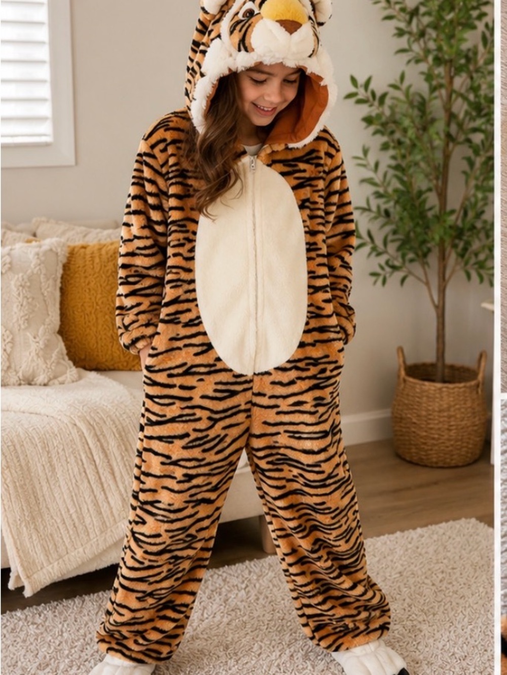 Kids Tiger Onesie Costume Large Plush Animal Pajamas Hooded Paw Feet Halloween